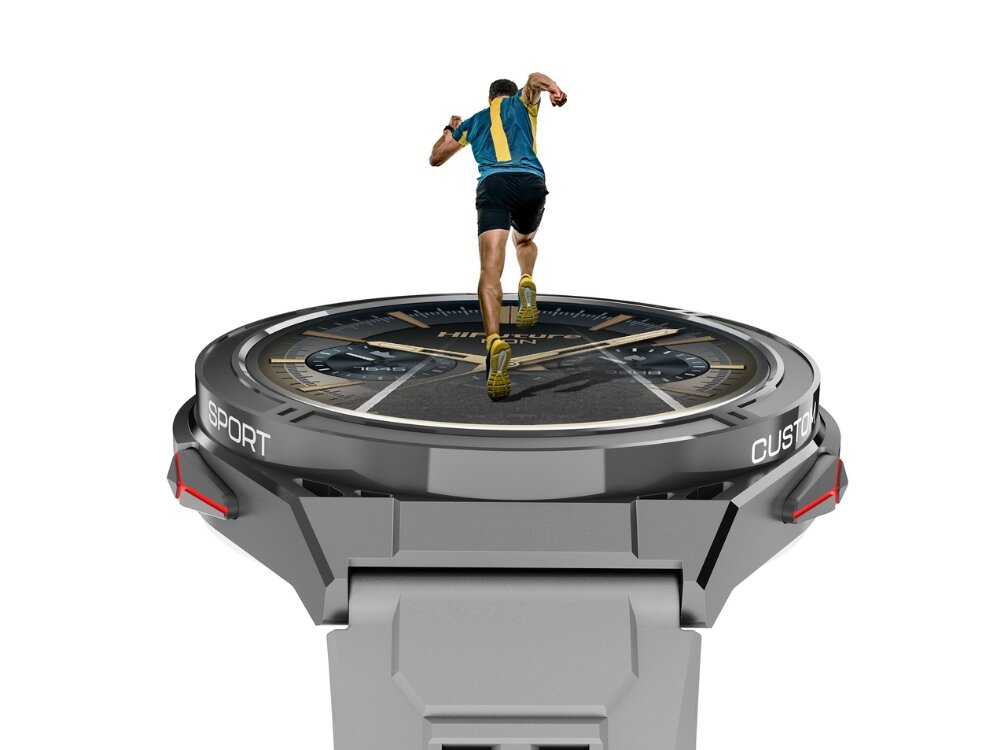 Smartwatch HiFuture Active
            tarcza zegarka z biegnacym sportowcem
            tryby sportowe aktywnosc kroki kalorie parametry