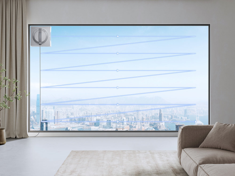 Robot do mycia okien ECOVACS Winbot W2 Pro planowanie trasy technologia WIN-SLAM 4.0 analizuje powierzchnię szyby ścieżka pracy dokładne mycie