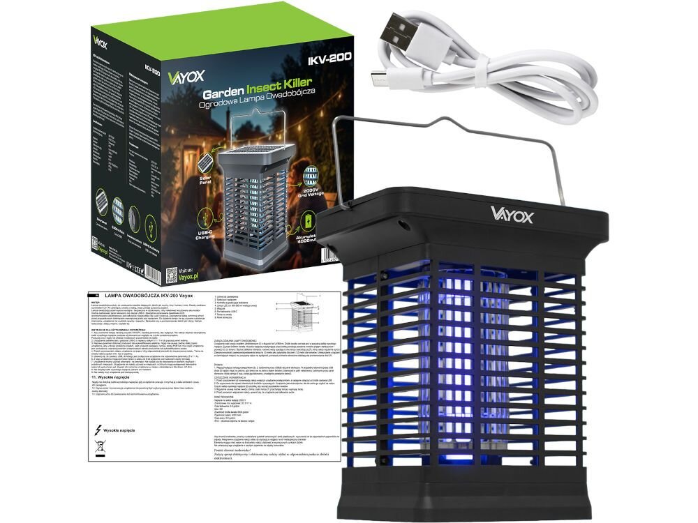 Lampa owadobójcza VAYOX IKV-200, zestaw, lampa, kabel, instrukcja, Kompletny zestaw z lampionem, kablem i opakowaniem.