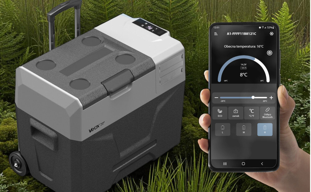 LODÓWKA TURYSTYCZNA VAYOX VA-T40 wizualizacja natura zieleń telefon panel funkcje regulacja temperatury zdalne sterowanie Bluetooth aplikacja mobilna smartfon