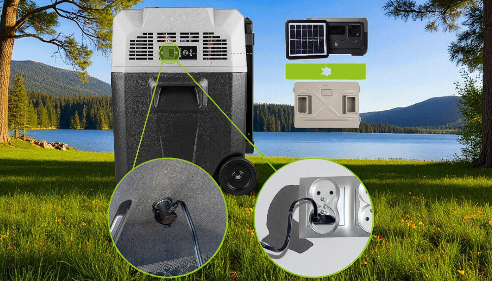 LODÓWKA TURYSTYCZNA VAYOX VA-T40 wizualizacja Uniwersalne zasilanie gniazdko sieciowe zapalniczka samochodowa akumulator panel słoneczny zabezpieczenia