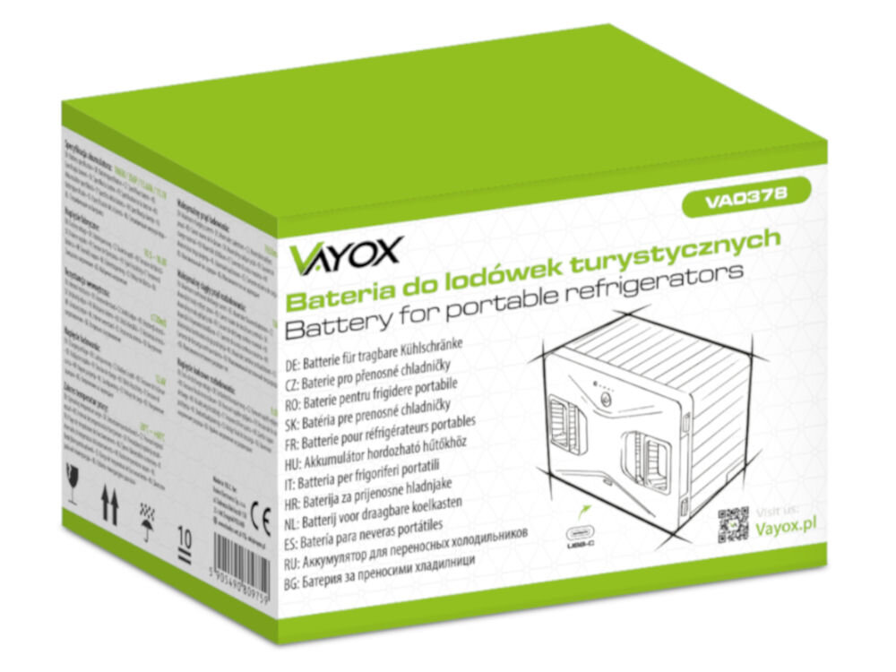 Bateria do lodówek VAYOX VA-T40 VA-EW39 VA-E39, bateria, zestaw, instrukcja, wyposażenie, Opakowanie baterii przeznaczonej do lodówek.