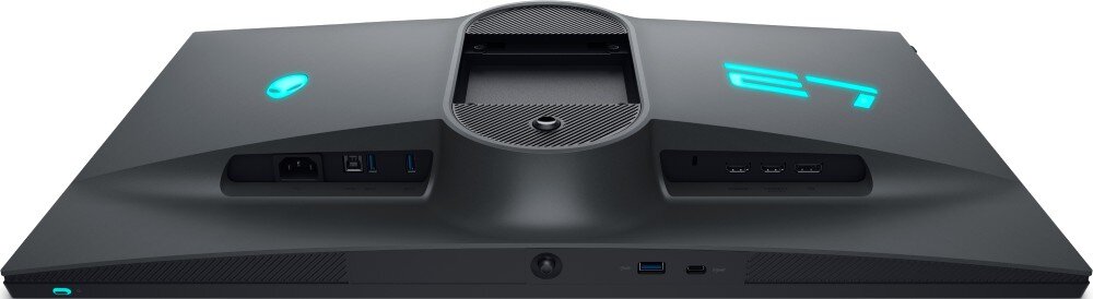 Monitor DELL Alienware AW2725QF Widok dolnej części tylnego panelu monitora z odsłoniętymi portami: HDMI, USB, USB-C, złączem zasilania i przyciskiem zasilania, porty, gniazda, podłączenia