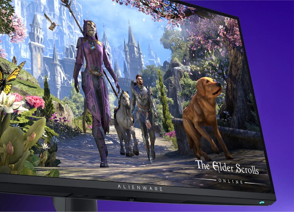 Monitor DELL Alienware AW2725QF Zbliżenie na monitor wyświetlający scenę z gry 'The Elder Scrolls Online', przedstawiającą postacie i psa w otoczeniu kwiatów oraz zamku w tle, przekątna, tryby, rozdzielczości, odświeżanie