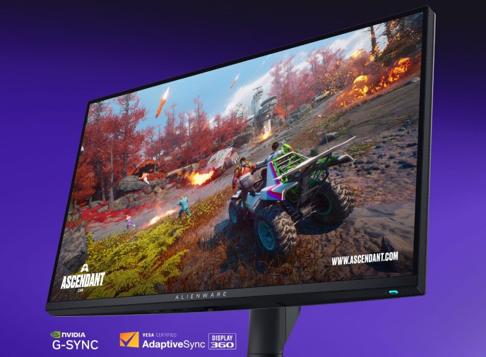 Monitor DELL Alienware AW2725QF Monitor z dynamiczną sceną z gry akcji z pojazdami terenowymi, ognistymi eksplozjami i logotypami technologii synchronizacji obrazu u dołu ekranu, płynność, odświeżanie