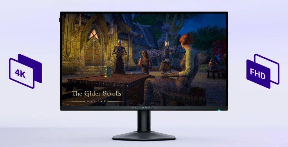 Monitor DELL Alienware AW2725QF Monitor pokazujący scenę z gry RPG w tawernie z postaciami siedzącymi przy stole; po bokach grafiki symboliczne ikony trybów 4K i FHD, jakość obrazu, detale