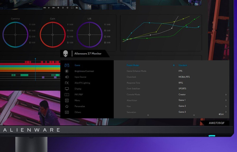Monitor DELL Alienware AW2725QF Zrzut ekranu z menu ustawień monitora, z widocznymi opcjami dotyczącymi trybów obrazu, jasności, gammy i innych parametrów obrazu, przestrzenie barw, funkcje PiP PbP
