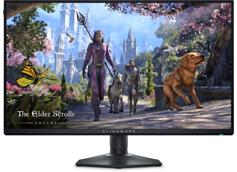 Monitor DELL Alienware AW2725QF Monitor wyświetlający kolorową scenę z gry 'The Elder Scrolls Online' z postaciami na tle zamku; ekran ustawiony na białym tle, tryb konsoli, VRR, tryb niskiego opóźnienia, głośniki