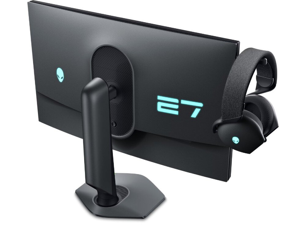 Monitor DELL Alienware AW2725QF Tył monitora z wysuniętym uchwytem na słuchawki, podświetlonym logo i numerem 27 na obudowie, zestaw słuchawkowy zawieszony z lewej strony, podstawa, ergonomia, regulacja, wieszak na słuchawki
