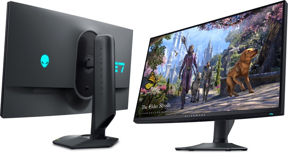 Monitor DELL Alienware AW2725QF Widok monitora z przodu i z tyłu pod kątem, ukazujący podświetlenie, podstawę oraz grę wyświetlaną na ekranie, podświetlenie, efekty, kolory