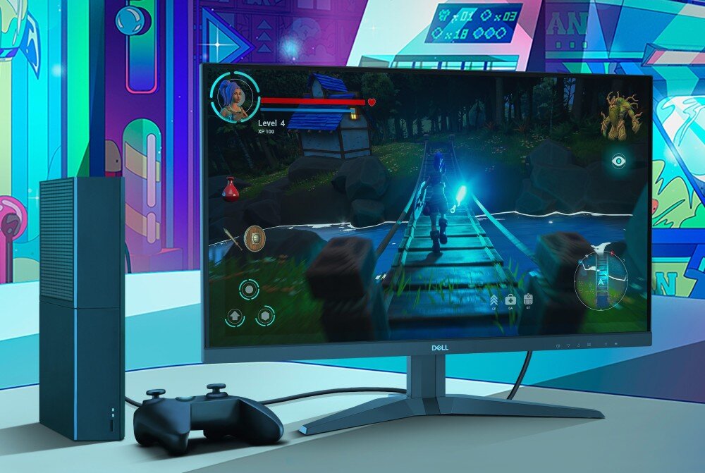 Monitor DELL G2725D Zdjęcie monitora marki Dell wyświetlającego grę fantasy z postacią biegnącą po drewnianym moście w kierunku lasu. Obok monitora znajduje się kontroler do gier oraz konsola. W tle kolorowa, kreskówkowa tapeta z motywami gamingowymi, opis
