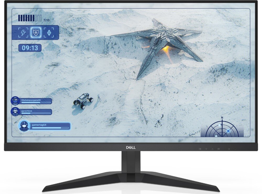 Monitor DELL G2725D Widok monitora pokazującego grę science-fiction z widokiem z góry na pojazd terenowy i statek kosmiczny na zaśnieżonym terenie. Interfejs gry zawiera nazwę gracza, czas i ikony statusu, rozdzielczość, matryca, kąty widzenia