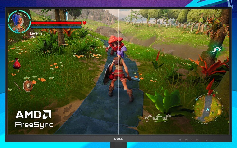 Monitor DELL G2725D Zbliżenie na ekran monitora pokazującego grę fantasy. Po lewej stronie ekranu widoczne logo AMD FreeSync. Obraz jest podzielony na dwie połowy, z których jedna przedstawia mniej płynny obraz, a druga wyraźniejszą, płynniejszą wersję, synchronizacja, AMD FreeSync