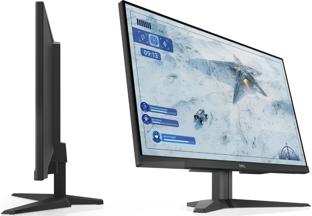 Monitor DELL G2725D Zdjęcie monitora Dell ukazującego ekran z grą science-fiction, widokiem z boku i z profilu. W tle widać ten sam śnieżny krajobraz z pojazdem i obcym statkiem. Konstrukcja monitora ma wyraźne, ostre krawędzie i szeroką podstawę, kolory, pokrycie palety barw sRGB