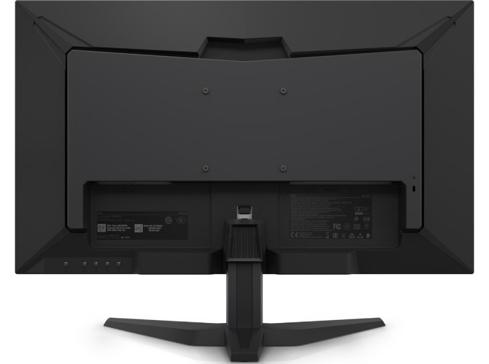 Monitor DELL G2725D Widok monitora od tyłu. Na obudowie widoczne śruby montażowe oraz złącze VESA. U podstawy znajdują się przyciski sterowania. Konstrukcja w kolorze czarnym z geometrycznymi kształtami, ochrona wzroku, certyfikat, pochylenie, mocowanie VESA