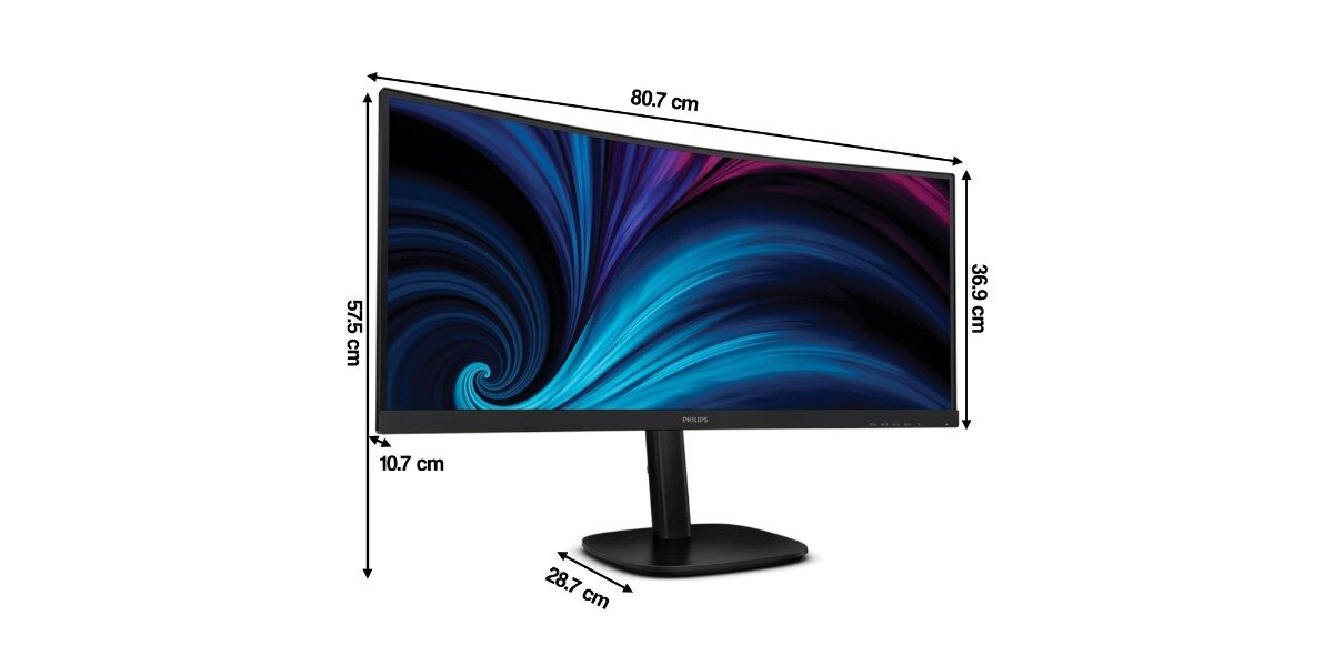 Monitor PHILIPS 34B2U3600C na białym tle - widoczne są wymiary monitora.