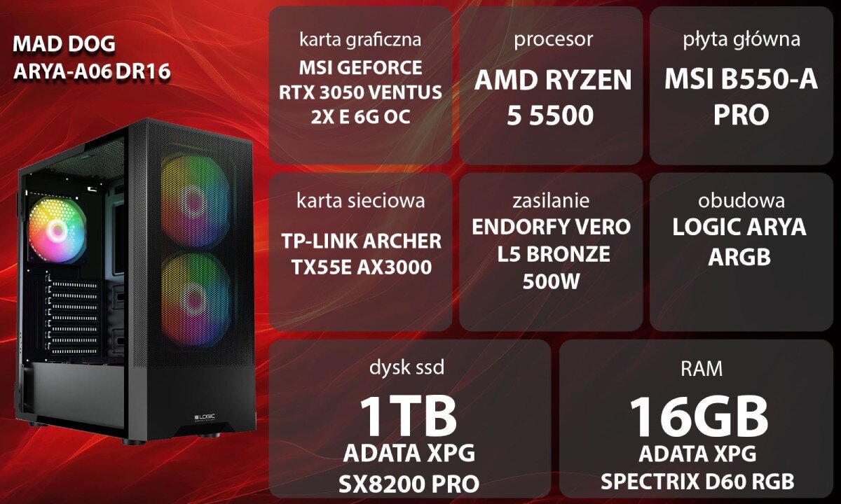 Komputer MAD DOG ARYA-A06DR16 Grafika przedstawiająca komputer gamingowy i specyfikacją podzespołów obok, opis