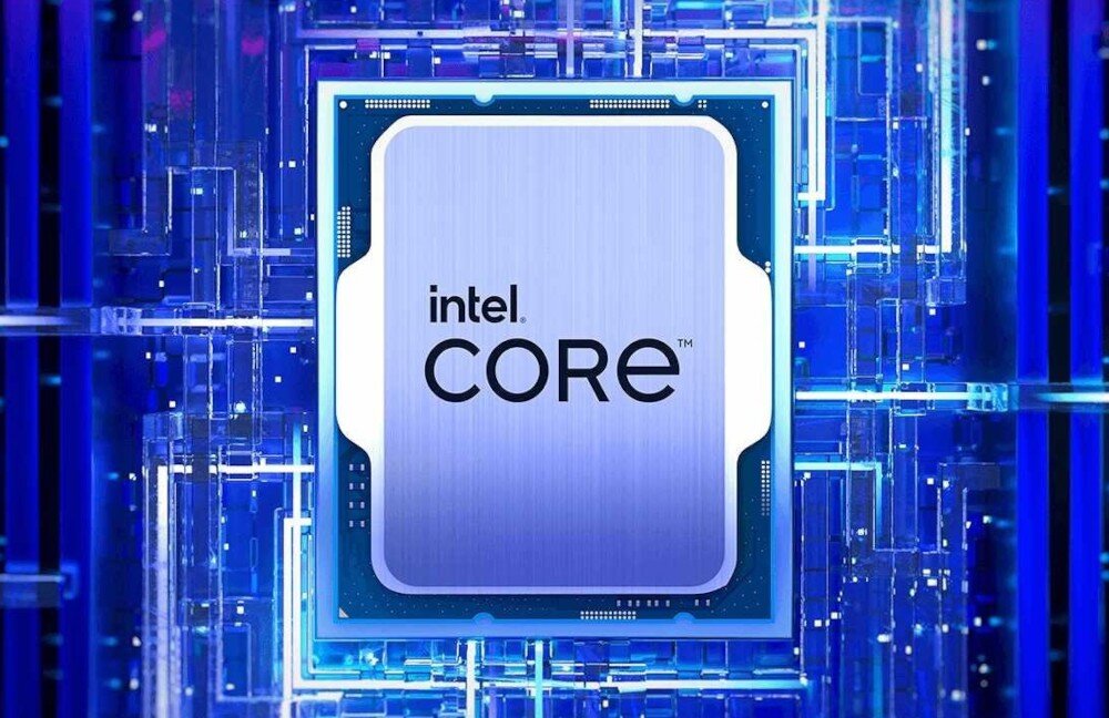 Komputer MAD DOG KRUX-EXO-I01DR32 Grafika przedstawiająca procesor Intel Core na tle schematu układu scalonego, procesor, rdzenie, prędkość, architektura