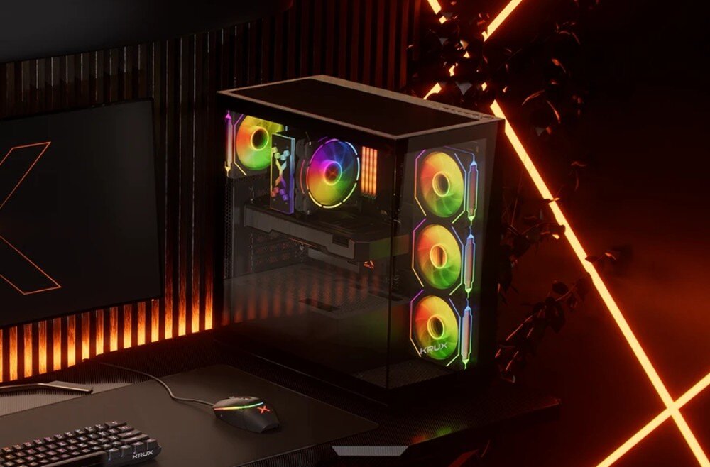 Komputer MAD DOG KRUX-EXO-I03DR32 Komputer gamingowy w podświetlonym otoczeniu, prezentujący efektowne oświetlenie RGB oraz przejrzystą obudowę z hartowanego szkła, przeznaczenie, podzespoły, cechy, testy