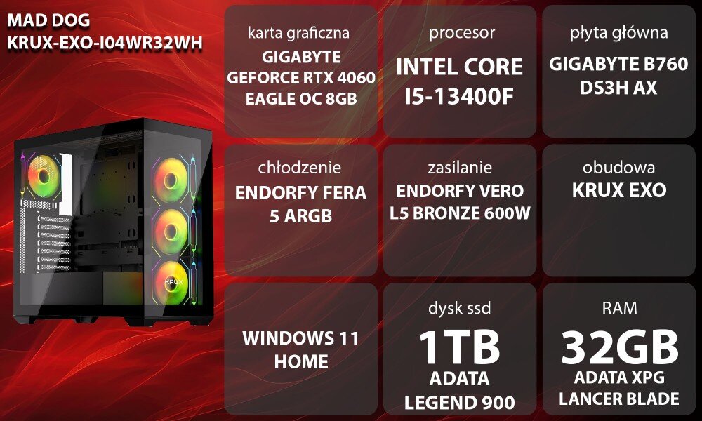 Komputer MAD DOG KRUX-EXO-I04WR32WH Grafika przedstawiająca komputer stacjonarny oraz specyfikacją podzespołów wypisaną w kafelkach obok, w tym procesora, karty graficznej i pamięci RAM, opis