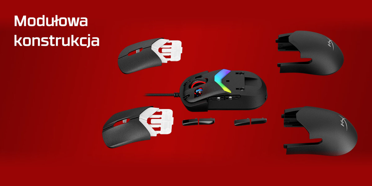HYPERX Pulsefire Saga magnetycznym, wymiennym elementom boczne przyciski, zmieniać obudowę dostosowywać rozmieszczenie lewego i prawego klawisza - rozłożona myszka