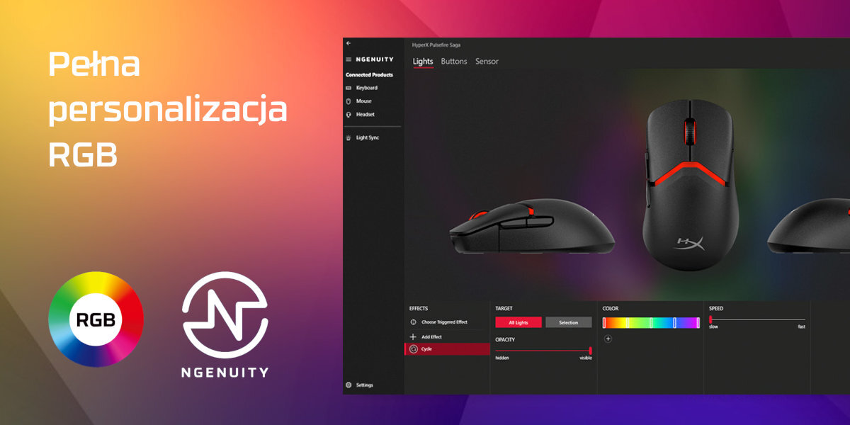 HYPERX Pulsefire Sag HyperX NGENUITY czułość 26 000 DPI częstotliwość próbkowania do 8 kHz podświetlenie RGB pięciu przyciskom - interfejs aplikacji