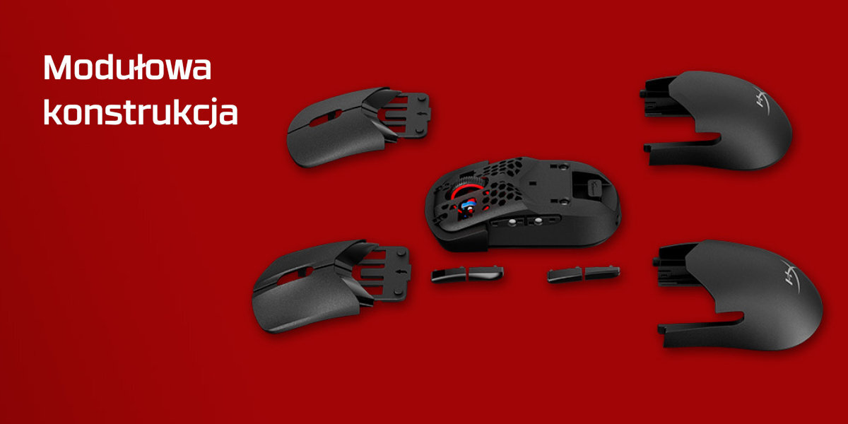 HYPERX Pulsefire Saga Pro magnetycznym, wymiennym elementom boczne przyciski, zmieniać obudowę dostosowywać rozmieszczenie lewego i prawego klawisza - rozłożona myszka