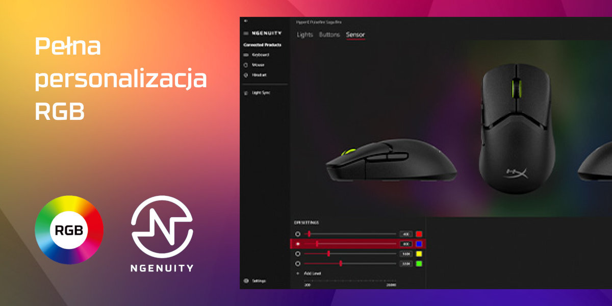 HYPERX Pulsefire Sag HyperX NGENUITY4 czułość 26 000 DPI częstotliwość próbkowania do 4 kHz podświetlenie RGB pięciu przyciskom - interfejs aplikacji