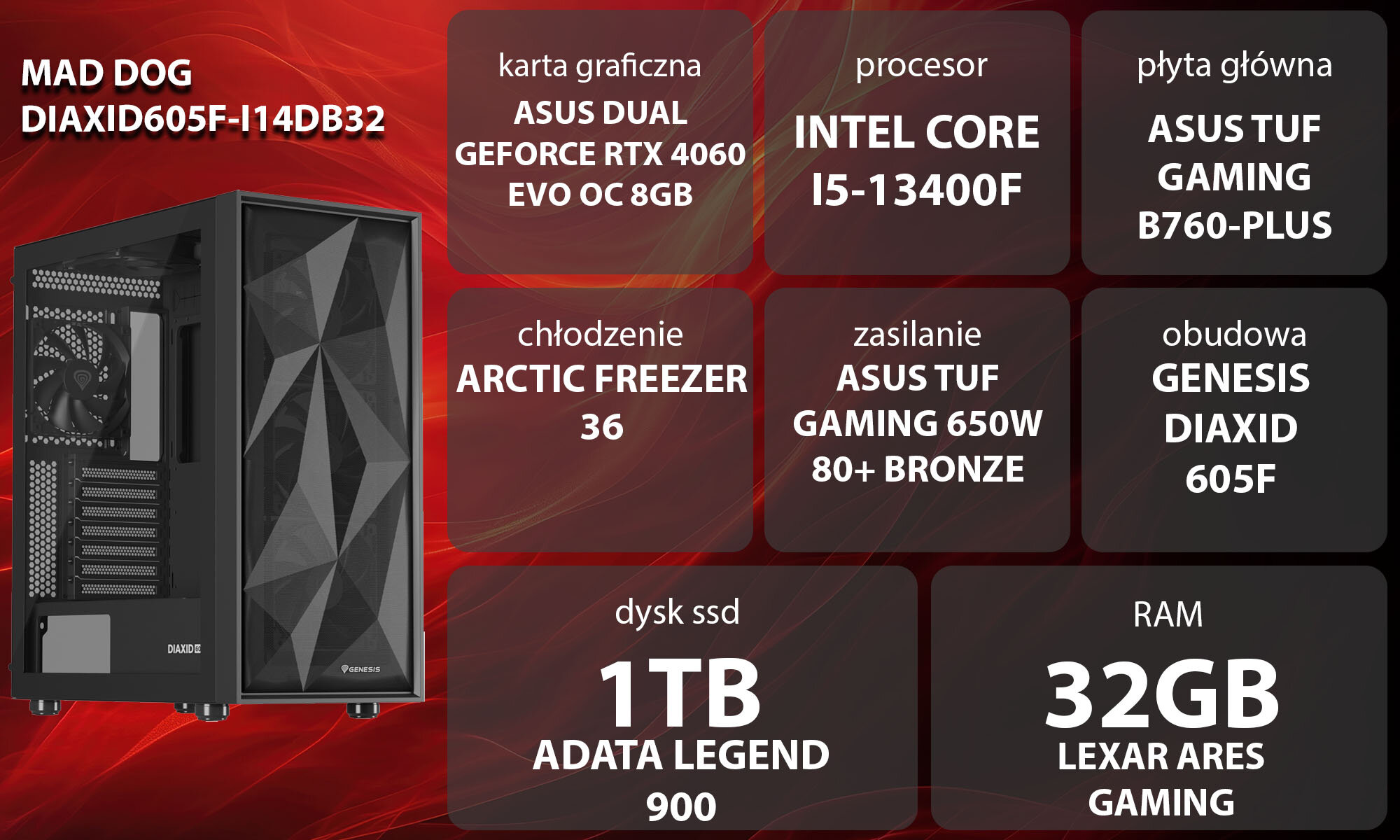 Komputer MAD DOG DIAXID605F-I14DB32 i5-13400F 32GB RAM 1TB SSD GeForce RTX4060 DLSS 3 Wi-Fi
graj płynnie w ulubione gry, czerwono-czarna grafika, obudowa komputera, 8 prostokątów, a w nich nazwy podzespołów, biały napis z nazwą producenta oraz modelu