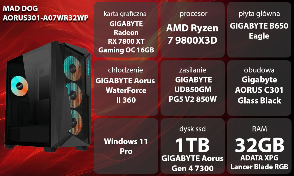 Komputer MAD DOG PBG AORUS301-A07WR32WP R7-9800X3D 32GB RAM 1TB SSD Radeon RX7800XT Wi-Fi Windows 11 Professional
graj płynnie w ulubione gry,
czerwono-czarna grafika, obudowa komputera, 9 prostokątów, a w nich nazwy podzespołów,
biały napis z nazwą producenta oraz modelu