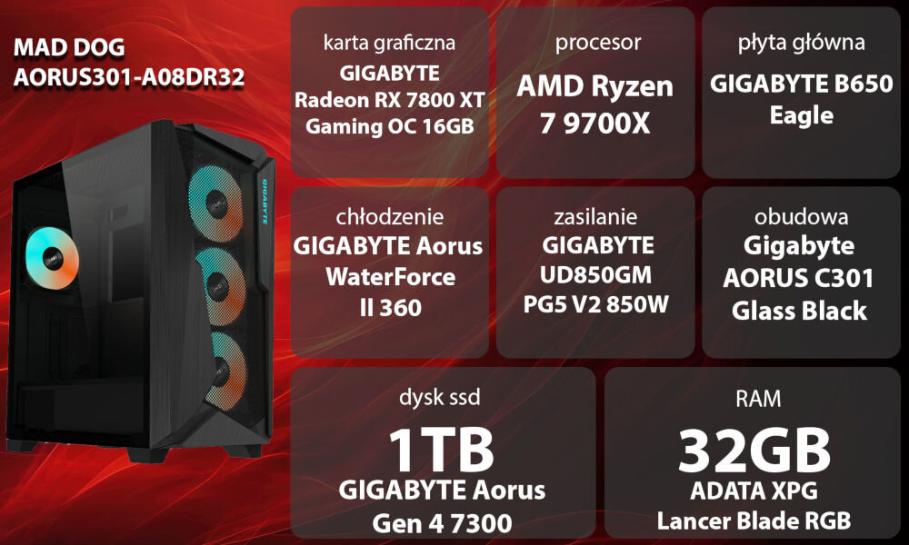 Komputer MAD DOG PBG AORUS301-A08DR32 R7-9700X 32GB RAM 1TB SSD Radeon RX7800XT Wi-Fi
graj płynnie w ulubione gry,
czerwono-czarna grafika, obudowa komputera, 8 prostokątów, a w nich nazwy podzespołów,
biały napis z nazwą producenta oraz modelu