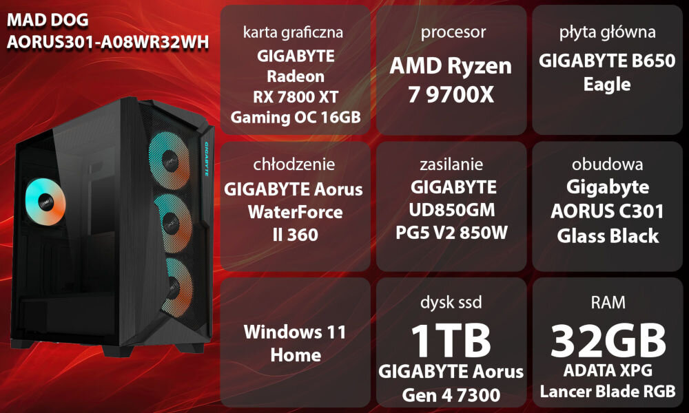 Komputer MAD DOG PBG AORUS301-A08WR32WH R7-9700X 32GB RAM 1TB SSD Radeon RX7800XT Wi-Fi Windows 11 Home
graj płynnie w ulubione gry,
czerwono-czarna grafika, obudowa komputera, 9 prostokątów, a w nich nazwy podzespołów,
biały napis z nazwą producenta oraz modelu