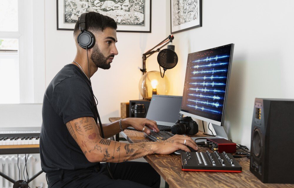 Dysk SANDISK Extreme Mężczyzna z słuchawkami na uszach pracuje przy biurku, używając komputera z dużym monitorem, na którym widoczny jest wykres dźwięku, pojemność, przestrzeń na pliki