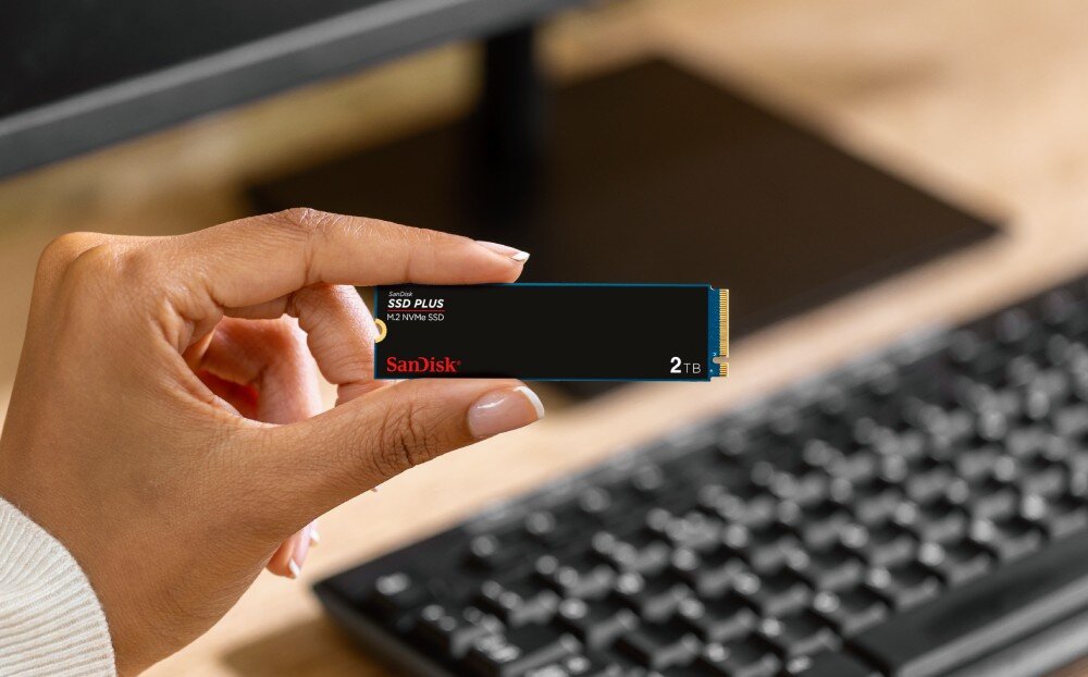 Dysk SANDISK Plus Osoba trzyma w palcach wąski dysk M.2, w tle widoczna klawiatura i monitor na biurku, przeznaczenie, cechy