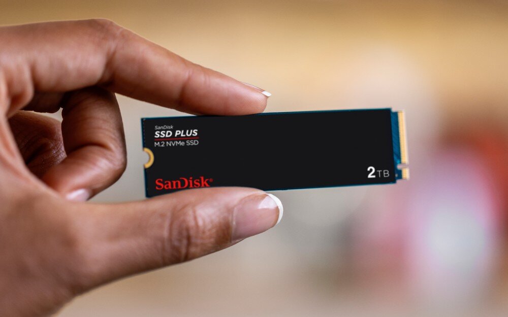 Dysk SANDISK Plus Zbliżenie dłoni trzymającej wąski dysk M.2, tło jest rozmyte, format, wielkość, konstrukcja, oprogramowanie