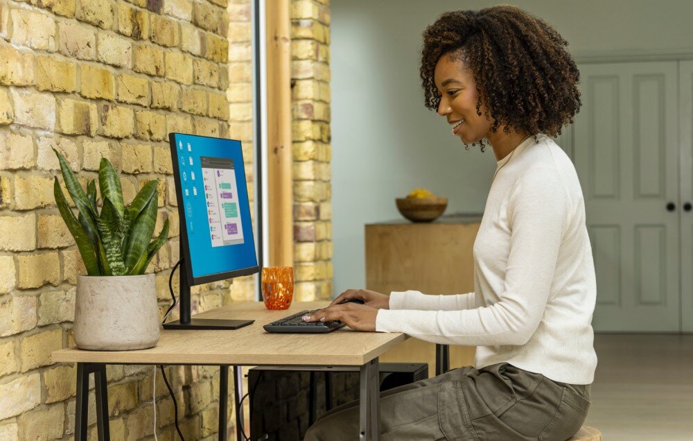 Dysk SANDISK Plus Kobieta siedzi przy biurku z komputerem stacjonarnym, na blacie stoi roślina i szklanka, interfejs, prędkość, odczyt, zapis