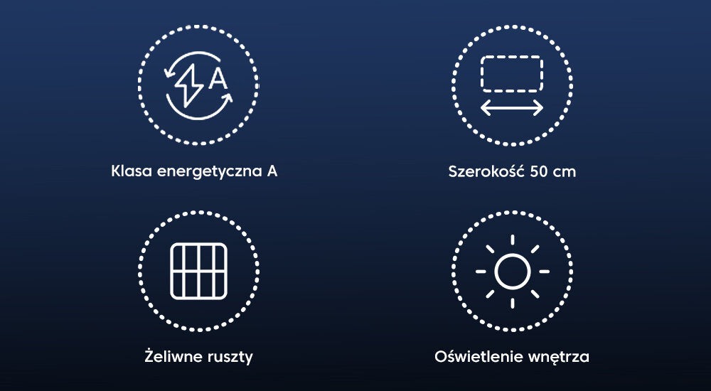 KUCHNIA BEKO FSM51339DXDS Na zdjęciu znajdują się cztery białe ikony w kropkowanych okręgach na granatowym tle, opisujące cechy kuchenki: klasa energetyczna A, szerokość 50 cm, żeliwne ruszty i oświetlenie wnętrza piekarnika Klasa energetyczna A Szerokość 50 cm Żeliwne ruszty Oświetlenie wnętrza