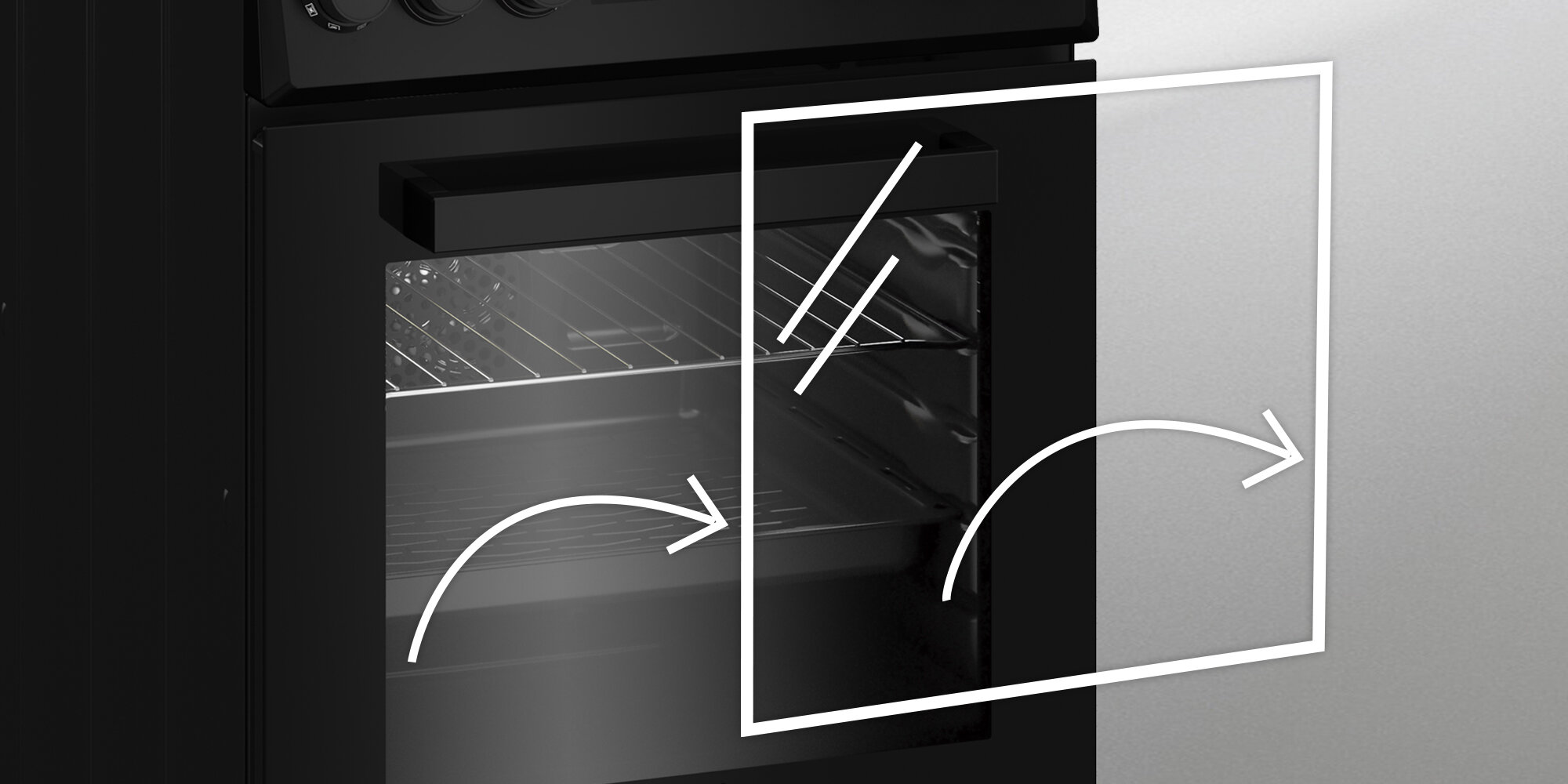 KUCHNIA BEKO FSM51339DXDS Zdjęcie 9.jpg pokazuje czarną kuchenkę wolnostojącą z otwieranymi drzwiczkami piekarnika. Na froncie naniesiono biały kontur prostokąta symbolizujący szybę oraz zakrzywione strzałki, które wskazują możliwość łatwego demontażu drzwi i ich wygodnego czyszczenia łatwe wyjmowanie szyb piekarnik BEKO łatwe czyszczenie wygoda użytkowania oszczędność czasu