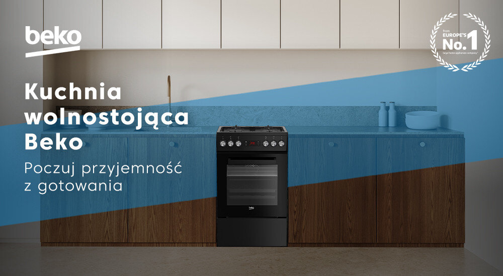 Kuchnia BEKO FSM52331DBDS wizualizacja baner logo infografika zabudowa meblowa kuchnia brązowe szafki drewno