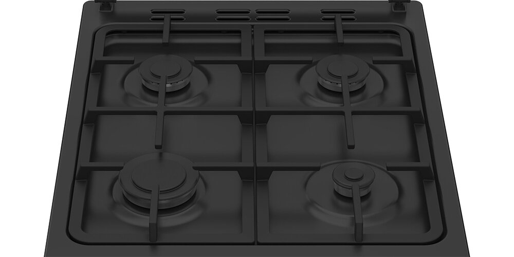 KUCHNIA BEKO FSM52331DBDS wizualizacja ruszt palniki płyta od góry żeliwne ruszty stabilizacja naczyń trwałość wytrzymałość