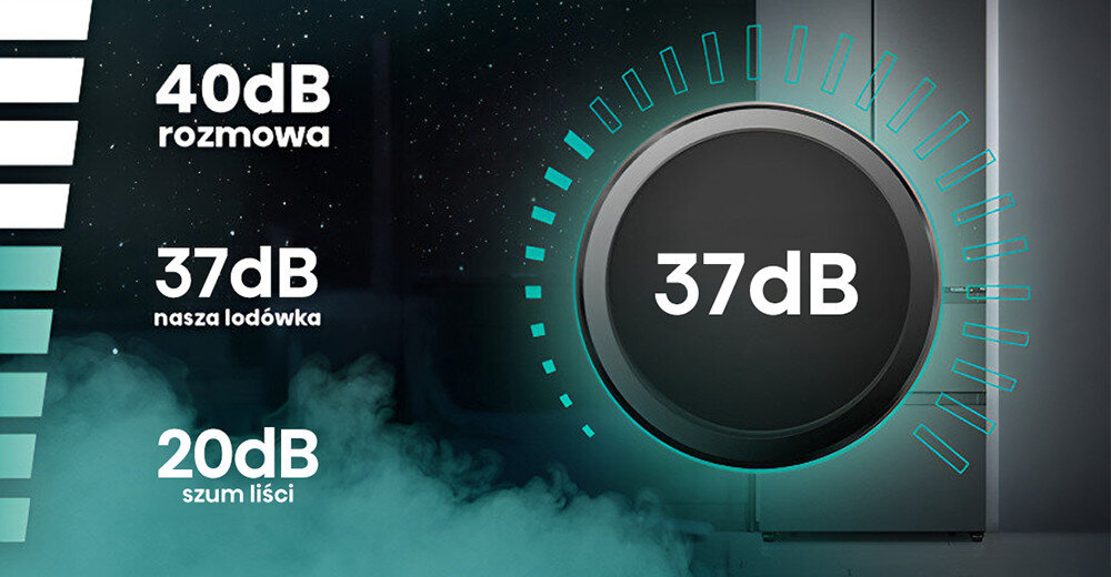 LODÓWKA HISENSE RQ5P470SMFE lifestyle wizualizacja poziomy dźwięku decybele cicha praca niski poziom hałasu dźwięku system wentylacji