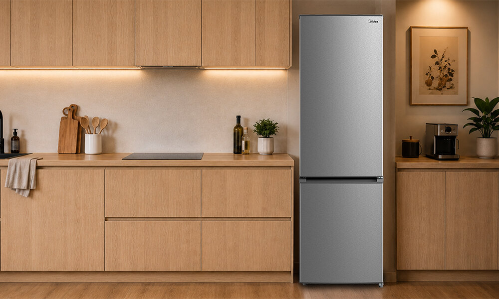 Kuchnia z drewnianymi szafkami i blatem, na którym stoją akcesoria kuchenne oraz butelki. Po prawej stronie znajduje się lodówka w kolorze inox z logo \'Midea\'.