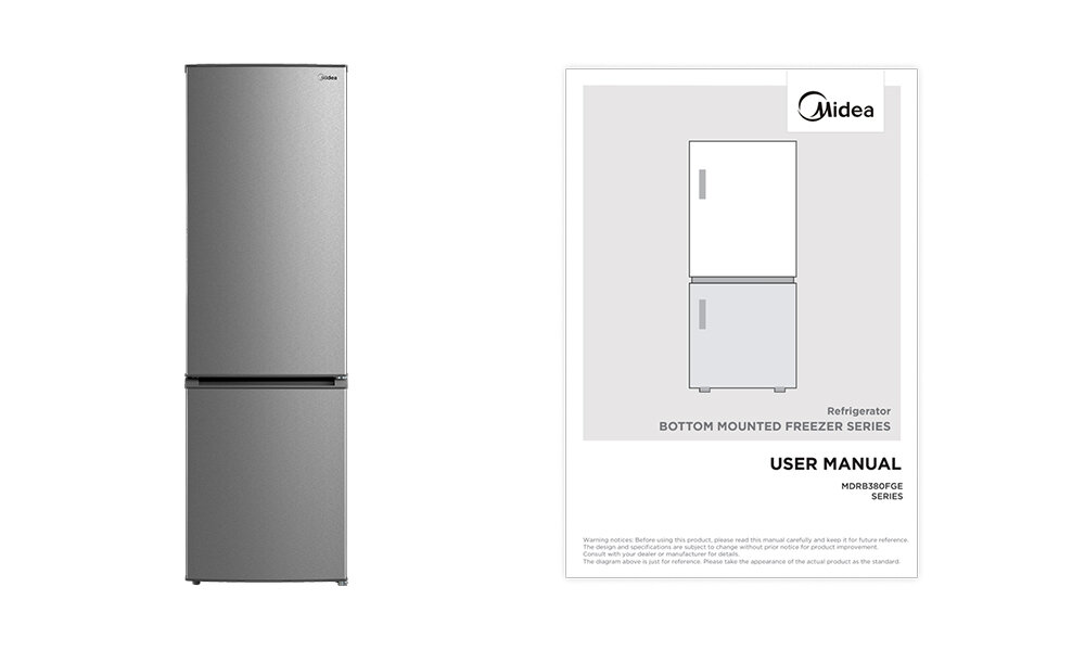 Na obrazie widoczna jest lodówka w kolorze inox oraz instrukcja obsługi z logo Midea. Instrukcja zawiera schemat lodówki z zamrażalnikiem na dole i napisy: \'Refrigerator BOTTOM MOUNTED FREEZER SERIES USER MANUAL MDRB380FGE SERIES\'.