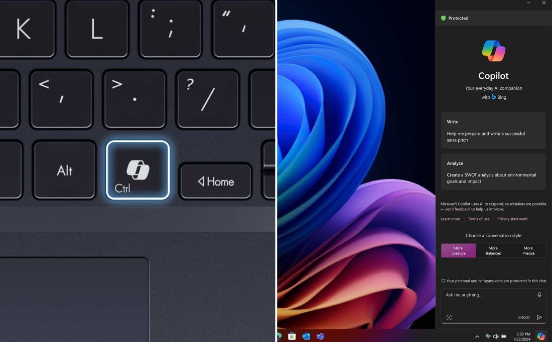 Zbliżenie klawiatury ASUS ExpertBook B5 z podświetlonym klawiszem Copilot i ekran Windows 11 pokazujący asystenta AI Microsoft Copilot, interfejs z opcjami Write i Analyze, kolorowe tło systemu, zaawansowane funkcje produktywności dla profesjonalistów  - Asystent AI   