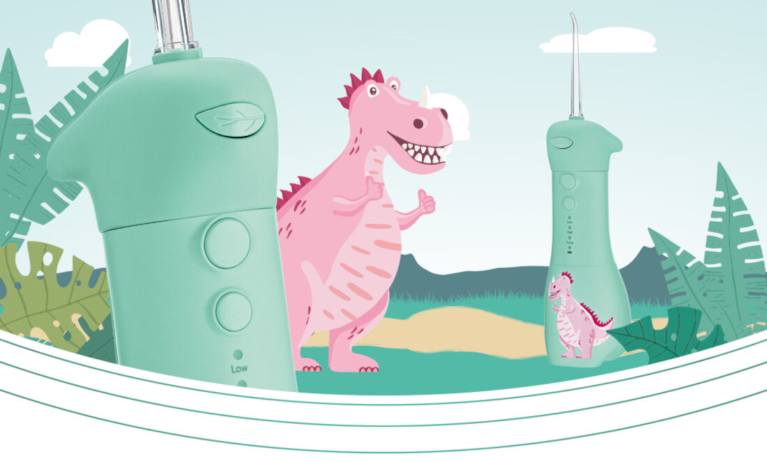 Irygator SEYSSO Kids Dinosaur Różowo-zielony dla małego odkrywcy zbliżenie zdjęcia lifestyle
