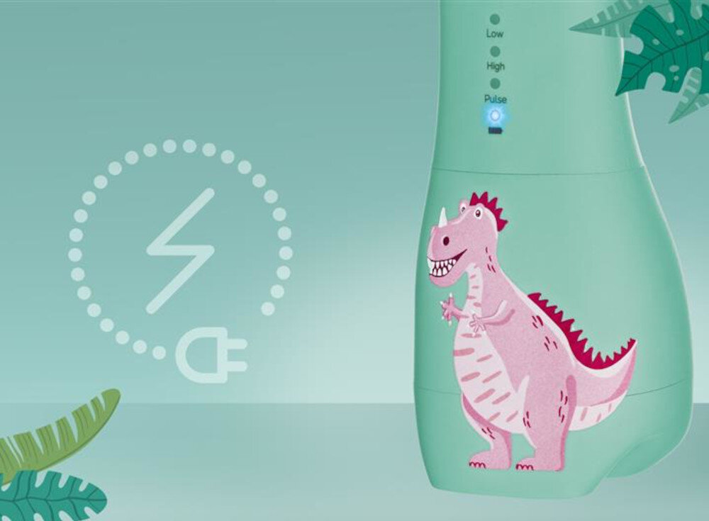 Irygator SEYSSO Kids Dinosaur Różowo-zielony wygodne ładowanie zdjęcie lifestyle zbliżenie port USB-C  czas pracy