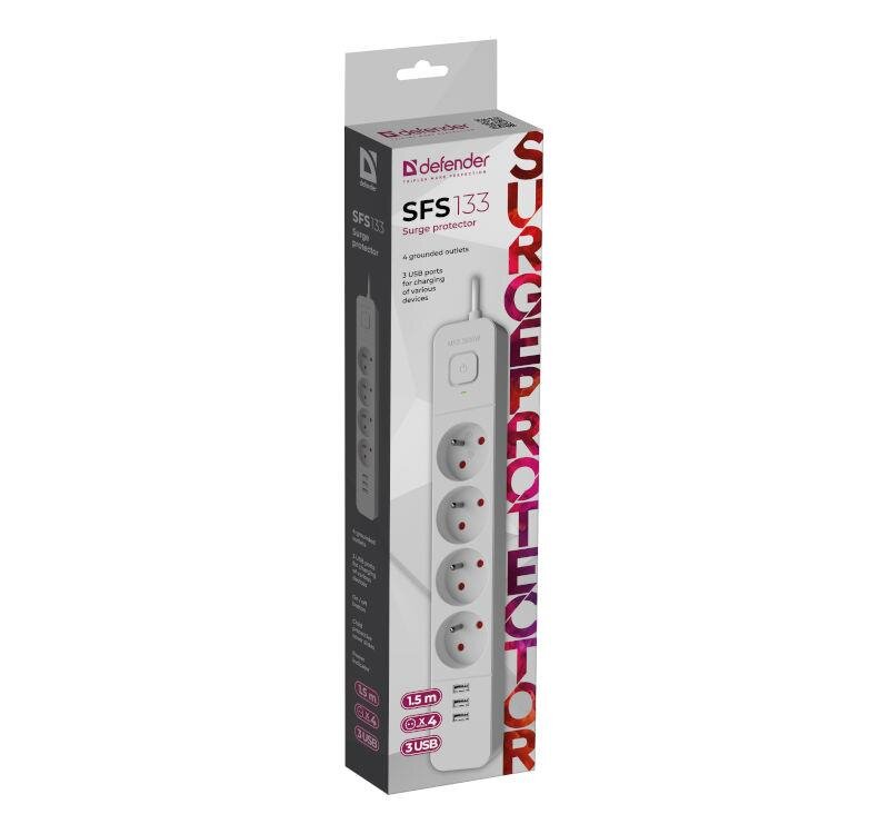 Opakowanie listwy zasilającej Defender SFS 133 z czterema gniazdami i trzema portami USB, w kolorze białym. Na opakowaniu widoczny jest napis \'SURGE PROTECTOR\' oraz logo \'defender\'.