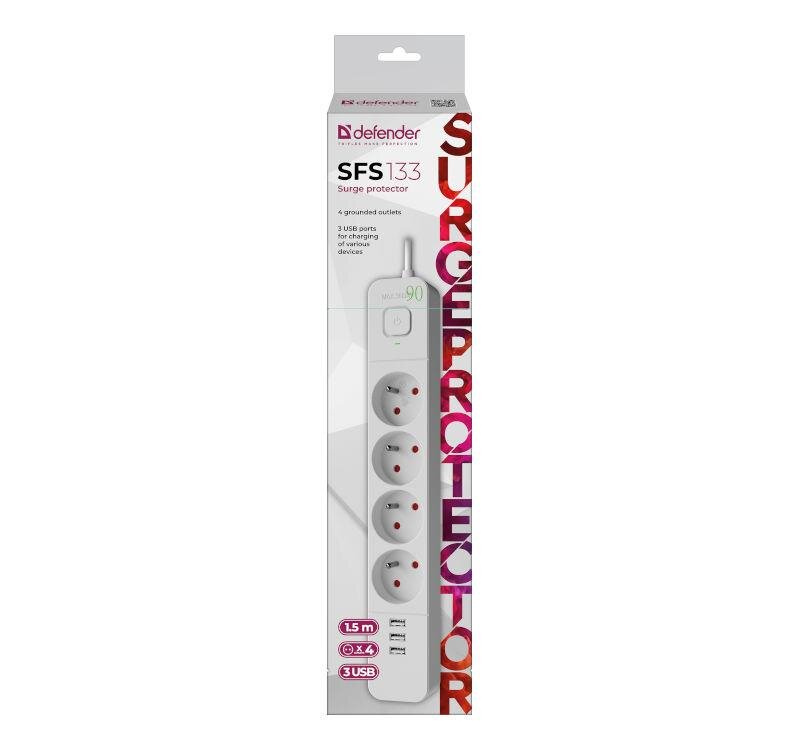 Opakowanie listwy zasilającej Defender SFS 133 z czterema gniazdami i trzema portami USB, w kolorze białym. Widoczne napisy: \'defender\', \'SFS 133\', \'Surge protector\', \'4 grounded outlets\', \'3 USB ports for charging various devices\', \'1.5 m\', \'x4\', \'3 USB\'.