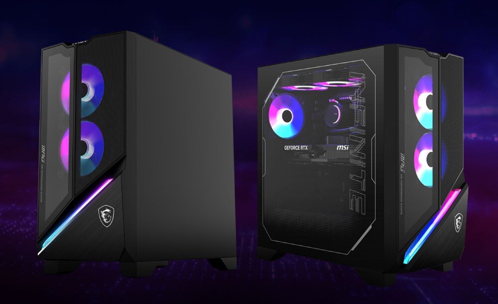 Komputer MSI MPG Infinite X3 AI 2NVV9-064EU Dwa komputery stacjonarne obok siebie na ciemnym tle. Jeden z lewej ma zakryty panel boczny, drugi z prawej ma przezroczysty panel, przez który widać podświetlane wentylatory i komponenty, konstrukcja, wytrzymałość, testy