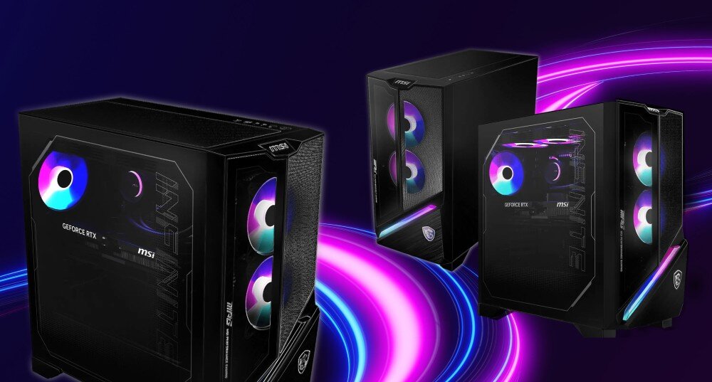 Komputer MSI MPG Infinite X3 AI 2NVV9-064EU Trzy komputery o podobnej konstrukcji z podświetleniem RGB, pokazane z różnych kątów, na tle ciemnej sceny z dynamicznymi, różowo-fioletowymi liniami świetlnymi, obudowa, wygląd, szklany bok, podświetlenie